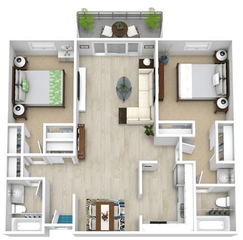Floor plan for 2 beds, 2 baths, 965 sqft